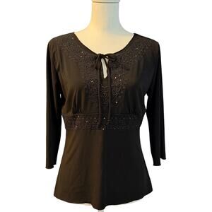 Vintage Y2K Brittany Black Whimsigoth Beaded Baby Doll Tie Top Size Medium